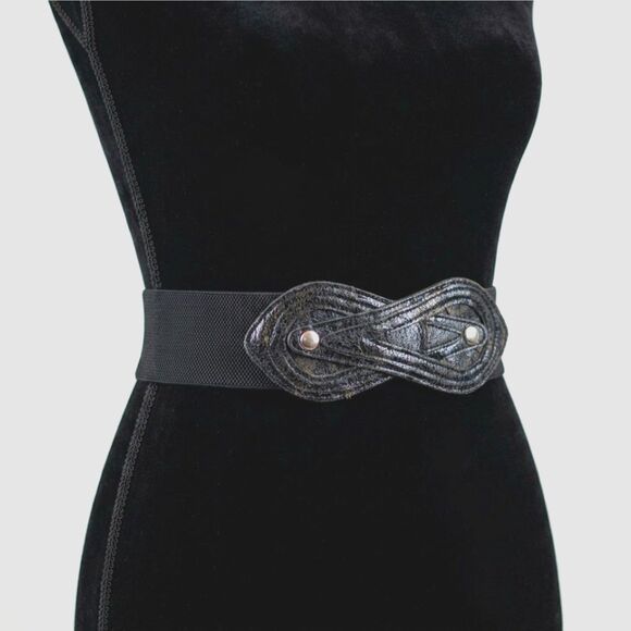 Vintage Accessories - Vintage 80s Black Leather Stretch Waist Corset Cinch Belt OS Woven Snap Edgy